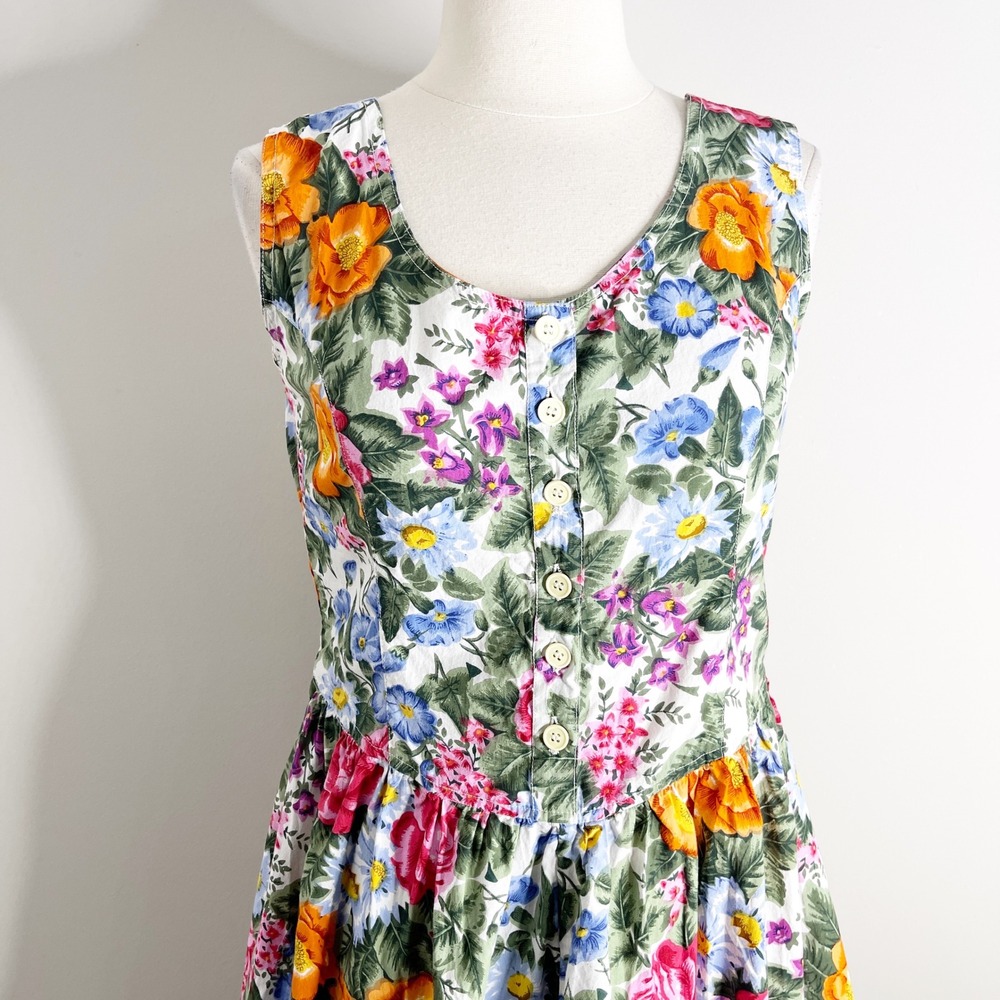 Vintage Floral Button Front Midi Dress Sleeveless Bow Back Cottagecore Summer - Picture 2 of 5